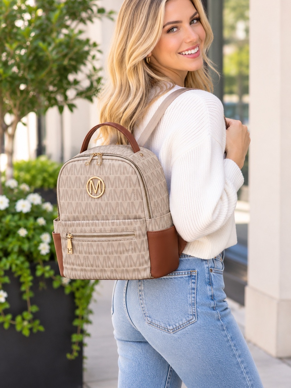 M Marco classic women’s Backpack in Beige & Brown with Gold M Logo size small